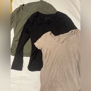 Trio of Pact maternity shirts, green, black and tan. XL